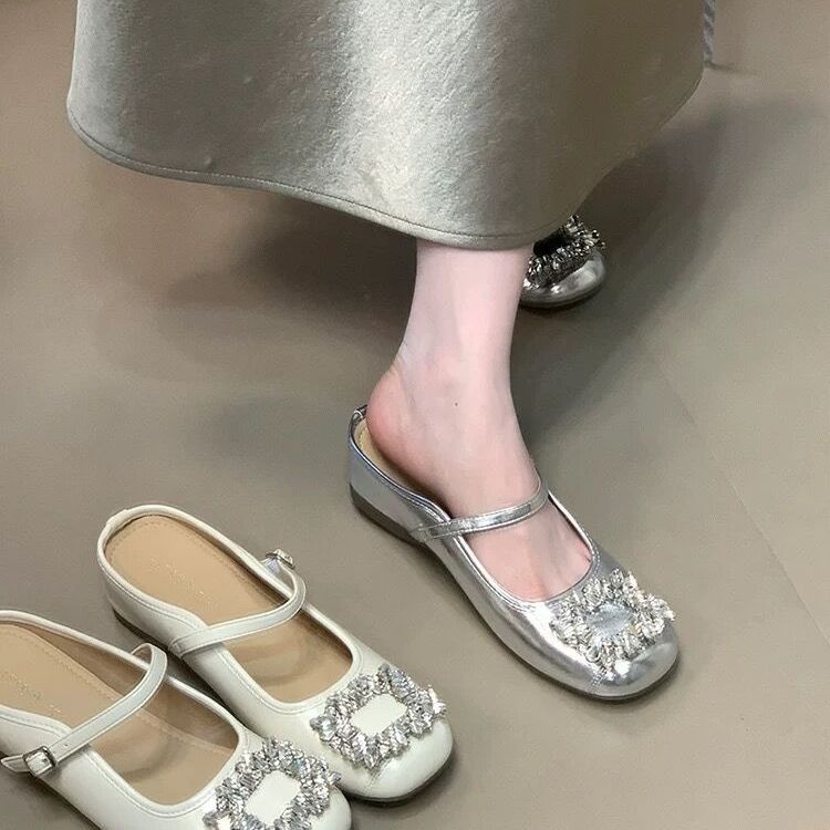 法式玛丽珍包头半拖鞋女2025新款内增高单鞋方扣水钻厚底凉拖鞋夏