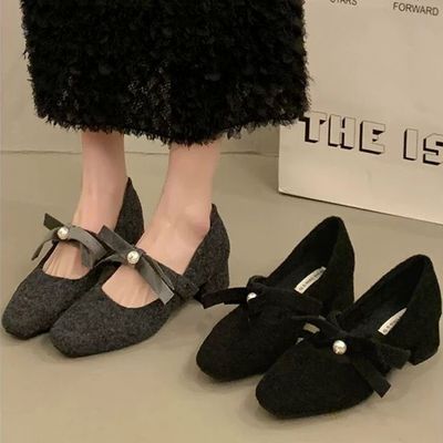 法式粗跟加绒玛丽珍毛毛鞋女2025秋冬新款配裙子晚晚鞋穆勒棉鞋子