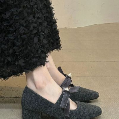 毛毛鞋女外穿小香风毛呢粗跟方头玛丽珍鞋高级感复古灰色加绒单鞋