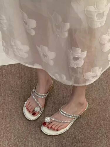 夏季拖鞋网红仙女配裙子两穿凉拖鞋女2024新款夏外穿平底水钻凉鞋