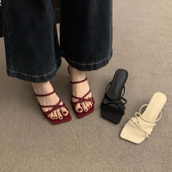 小众法式气质一字凉拖鞋仙女鞋子外穿2025年新款夏季方头高跟凉鞋