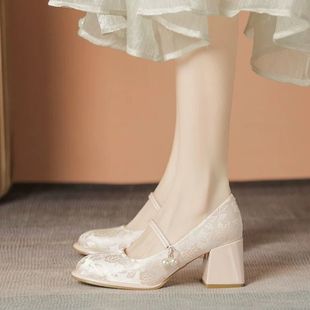 玛丽珍鞋搭配马面裙旗袍的鞋子新中式国风缎面礼服婚礼法式高跟鞋