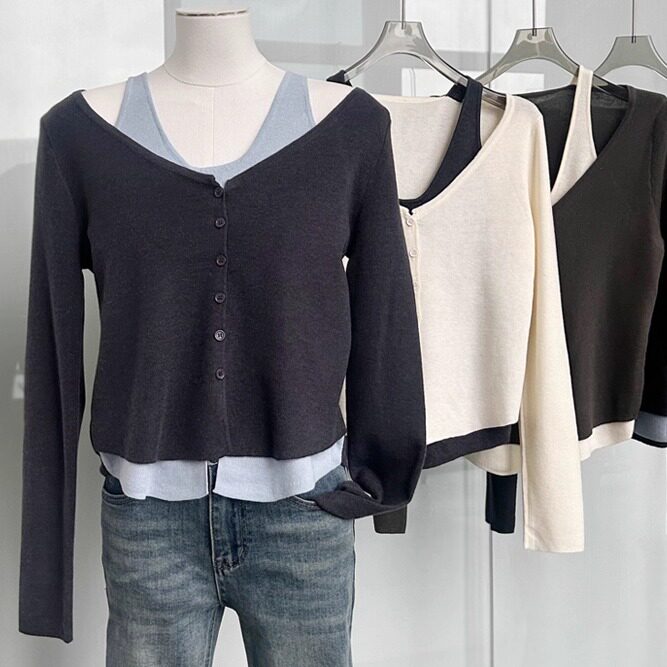 假两件撞色长袖薄款针织衫女2025早秋新款韩版小众设计感开衫上衣