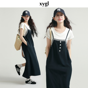 稀有概率 原创设计海军风背带连衣裙女夏日系学院风宽松吊带长裙