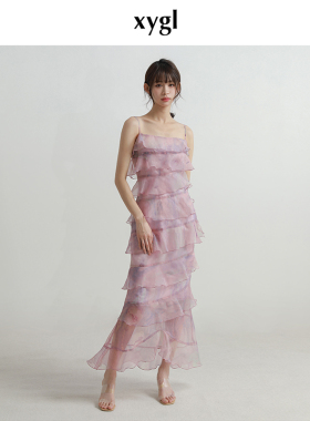 稀有概率 梦幻紫色仙女蛋糕连衣裙女设计感小众礼服鱼尾吊带长裙