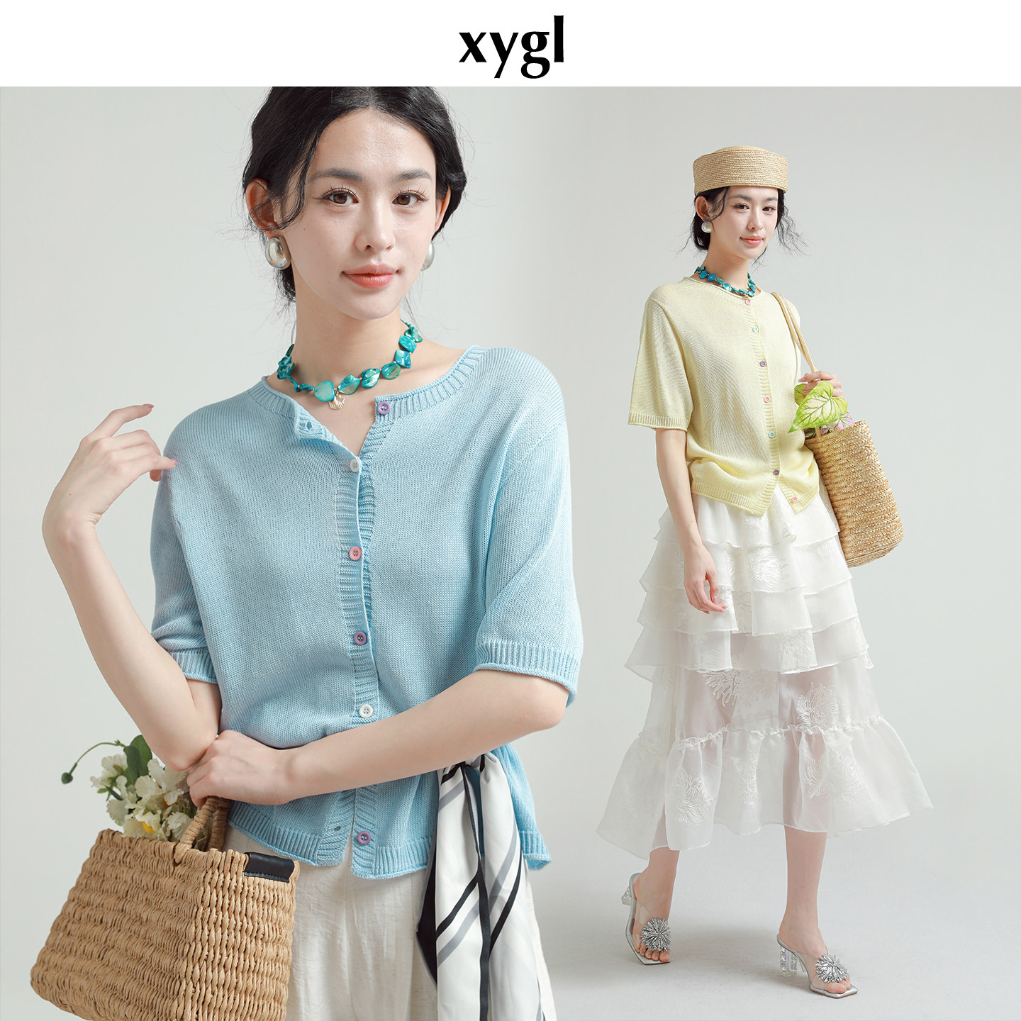 稀有概率 天丝亚麻混织马卡龙扣T恤女夏薄款宽松短袖针织开衫上衣