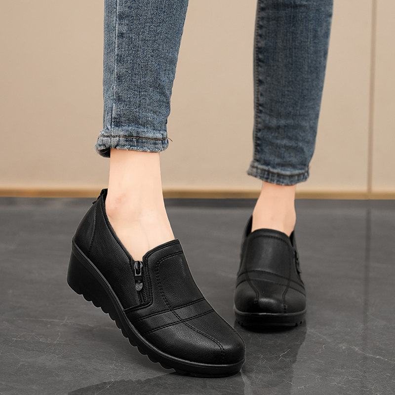 坡跟厚底单鞋女鞋春秋妈妈鞋中年女士系带皮鞋高跟鞋真皮软底舞鞋