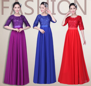 新款大合唱演出服女成人中老年诗歌朗诵团体合唱服装亮片长裙礼服