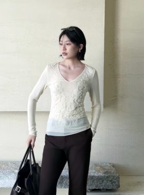 25F秋/时尚V领盘绣玫瑰网纱内搭打底衫上衣女士