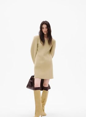 25秋冬/ 时髦极简高级感显瘦卡其色双面尼收腰长袖羊毛连衣裙