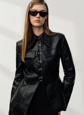 25秋/ 时尚黑色收腰机车皮衣外套女士