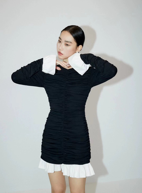 时髦莫代尔荷叶边拼接包臀紧身裙皱褶连衣裙308607