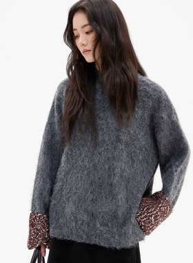 25秋冬/时尚慵懒感宽松休闲灰色毛衣女士