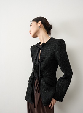 25秋冬/小香风黑色系带收腰外套女士