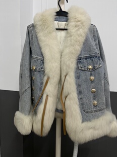 JY秋冬拼接狐狸毛皮草外套女短款加厚保暖牛仔羽绒服