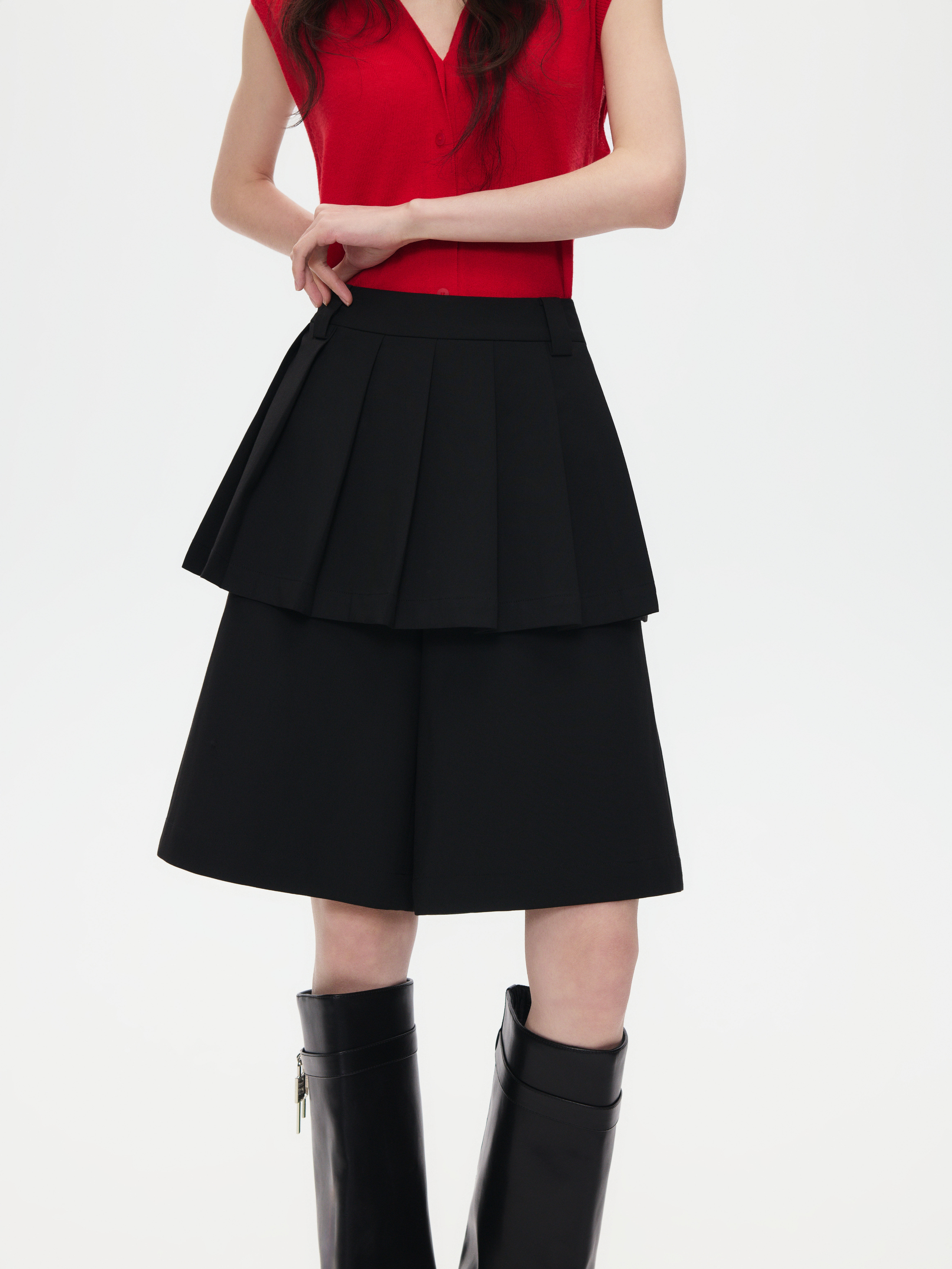 时髦黑色假两件百褶裙裤女高腰显瘦A字阔腿中裤设计感西装裙裤