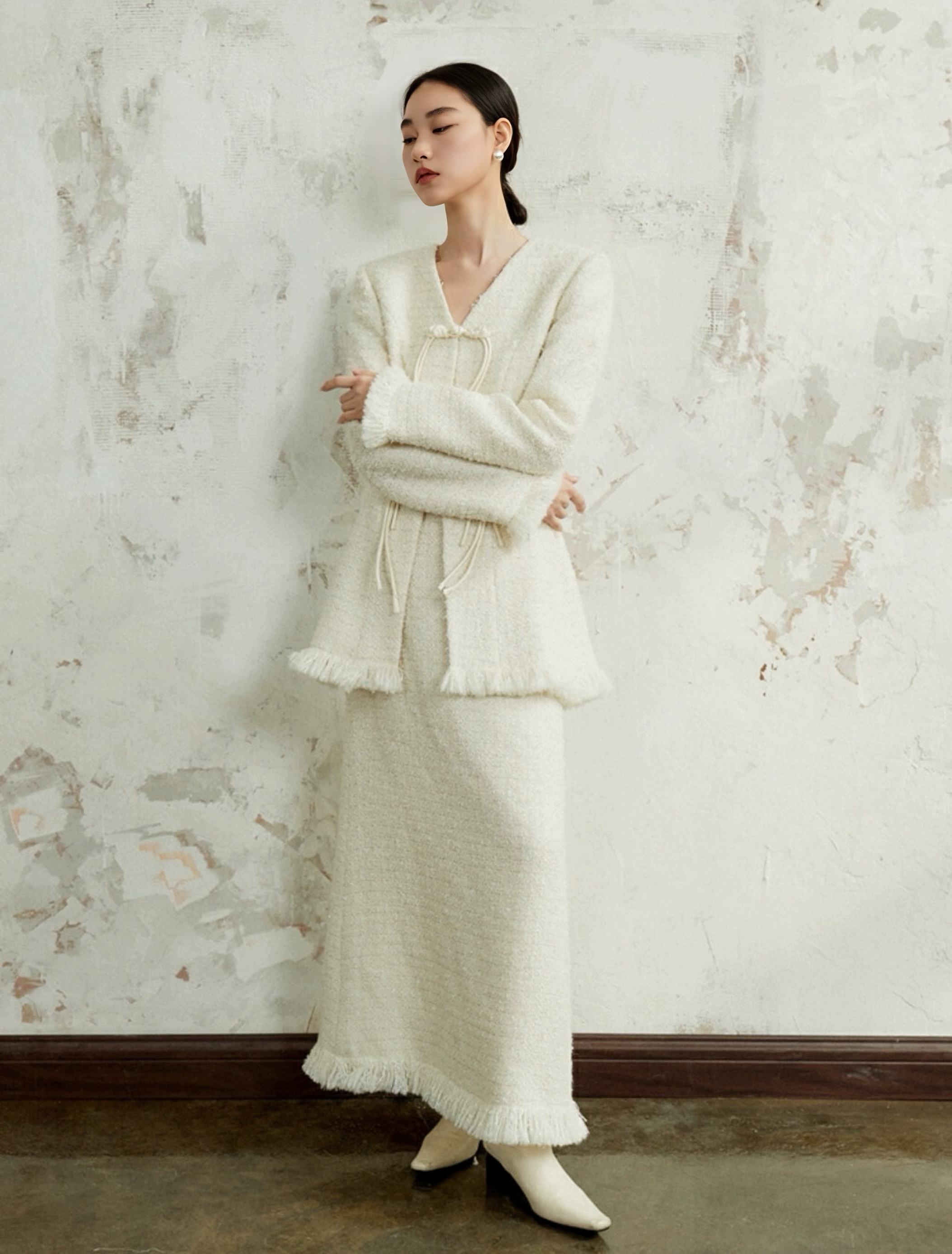 25秋冬/米白色小香风半身裙盘扣外套套装