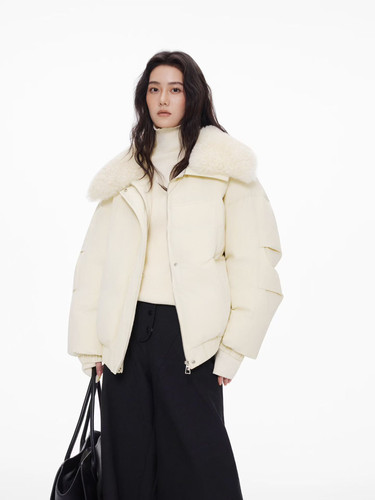 25秋冬/休闲羊羔毛领派克服米白色羽绒服外套女士