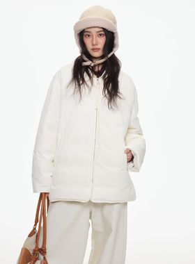 25秋冬/ 时尚休闲米白色尖领宽松衬衫式羽绒服外套