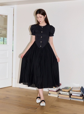 黑色泡泡袖拼接天丝连衣裙显瘦遮肉裙子303320