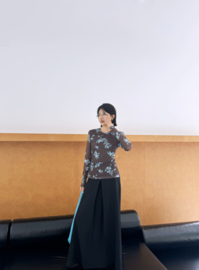 25F秋/时尚修身小碎花网纱内搭打底衫上衣