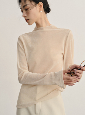25秋冬杏色半高领内搭丝绒网纱打底衫上衣慵懒感穿搭