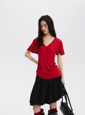 26SS时尚莱赛尔红色针织小飞袖V领修身上衣T恤女