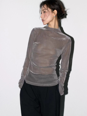 灰色丝绒网纱微透修身内搭女打底