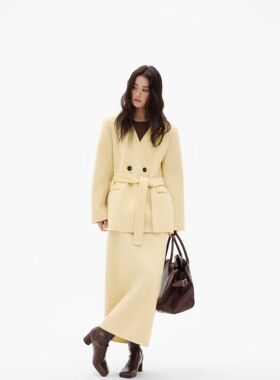 25秋冬/高级感鹅黄色双面尼系带外套羊毛半身裙套装