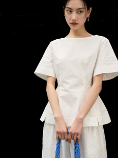 25时髦别致高级感纯棉白色纯棉短袖A字版收腰上衣女409439