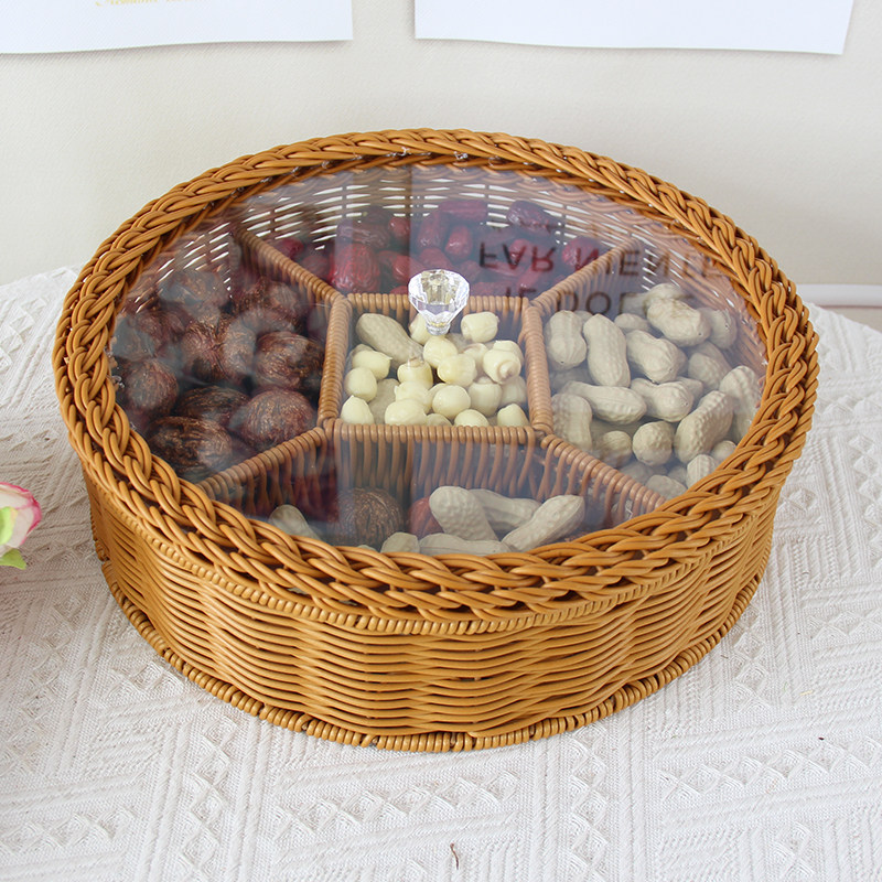 仿藤编织带盖水果盘可拆卸收纳盘糖果点心篮野餐篮客厅零食筐,收纳整理,其他收纳篮,淘宝优惠券,粉丝福利购,淘宝优惠卷