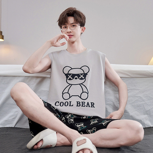 背心男睡衣纯棉薄款 家居服套装 无袖 可外穿男士 卡通青少年大码 夏季