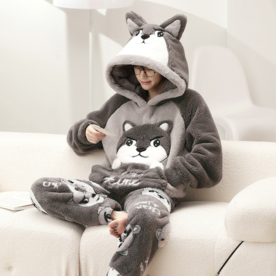 男士睡衣秋冬款冬季珊瑚绒加厚卡通连帽可外穿保暖家居服学生套装