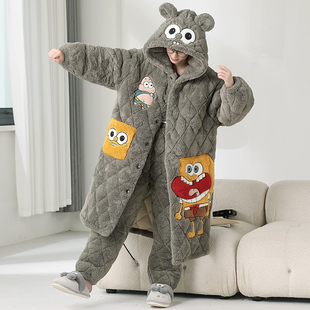 男士三层夹棉睡衣冬季加厚加绒卡通海绵宝宝中长款睡袍家居服套装