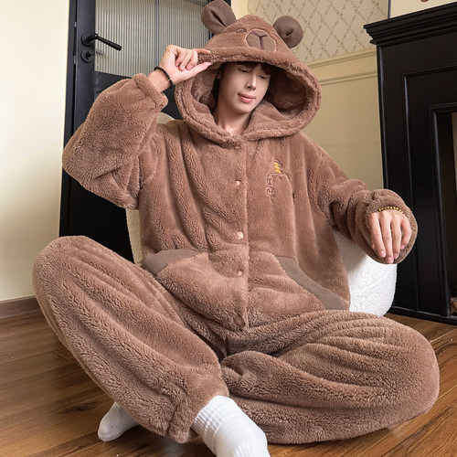 男士睡衣秋冬款珊瑚绒冬季加厚加绒卡通青少年开衫连帽家居服套装