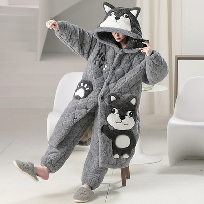 男士睡衣秋冬季珊瑚绒加厚加绒冬季三层夹棉睡袍青少年家居服套装