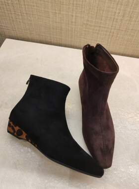 个性时尚春秋单靴拼接绒面时装靴方头坡跟短筒短靴女韩版百搭踝靴