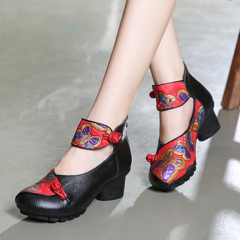 春秋新单鞋女妈妈鞋复古广场舞鞋软底真皮民族风舞蹈鞋跳舞鞋中跟