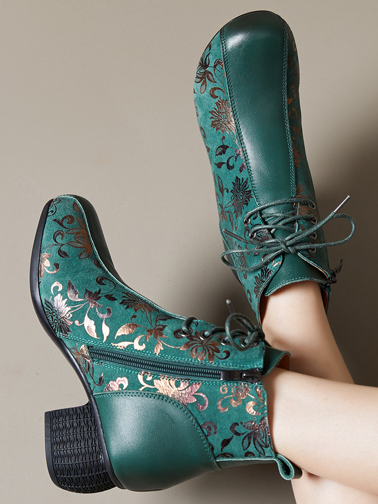 秋新款短靴妈妈马丁靴休闲系带舞鞋高跟真皮民族风加绒跳舞女鞋冬