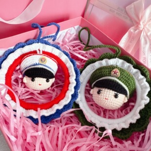 军旅消防主题手工钩织成品汽车挂件手工钩织车内后视镜车载挂件