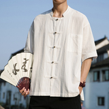 2023风衬衫复古棉麻盘扣短袖衬衣414-H009-P65，男装衬衫，四季星座414
