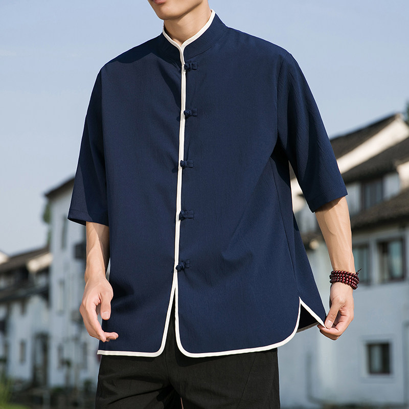 2024夏款风仿麻汉服短袖衬衫414-H008-F60,男装衬衫,四季星座414