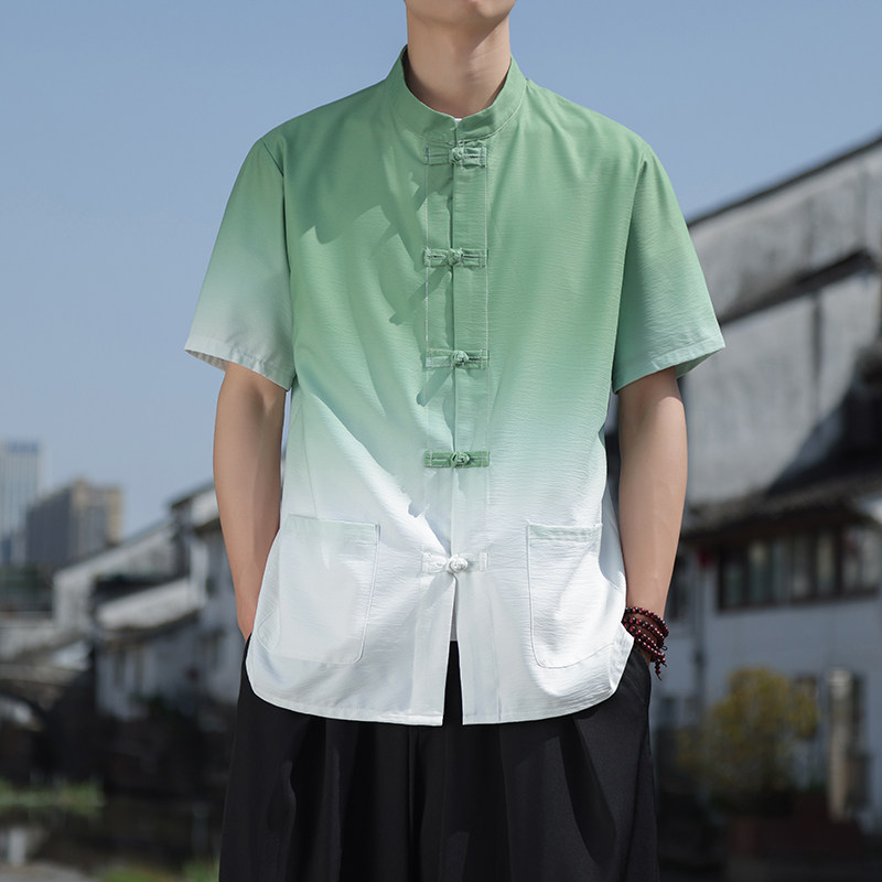 2024风男新款盘扣开衫短袖衬衫414-CS001-P45,男装民族服装,四季星座414