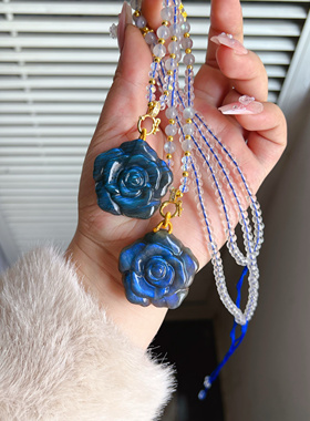 天然拉长石玫瑰花吊坠毛衣链项链女款蓝色水晶项链