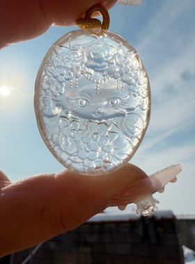 天然白水晶簪花狐吊坠狐娘娘精工雕刻精美精致礼物