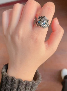 天然灰月光招财猫戒指活口可调节蓝光月光石个性设计百搭男女礼物