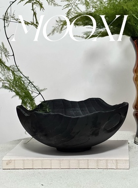 侘寂手工黑色碳化木果盘残缺极简随意自然人文展厅民宿工艺品玄关