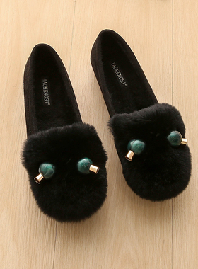 黑色毛毛鞋外穿松糕厚底豆豆鞋女冬加绒孕妇鞋软底棉鞋大码41到43