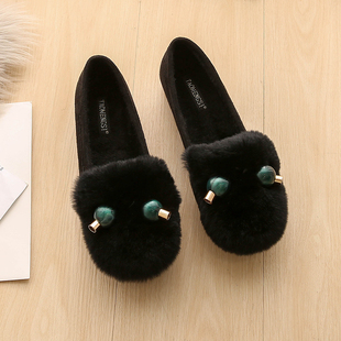 大码 黑色毛毛鞋 软底棉鞋 女冬加绒孕妇鞋 41到43 外穿松糕厚底豆豆鞋