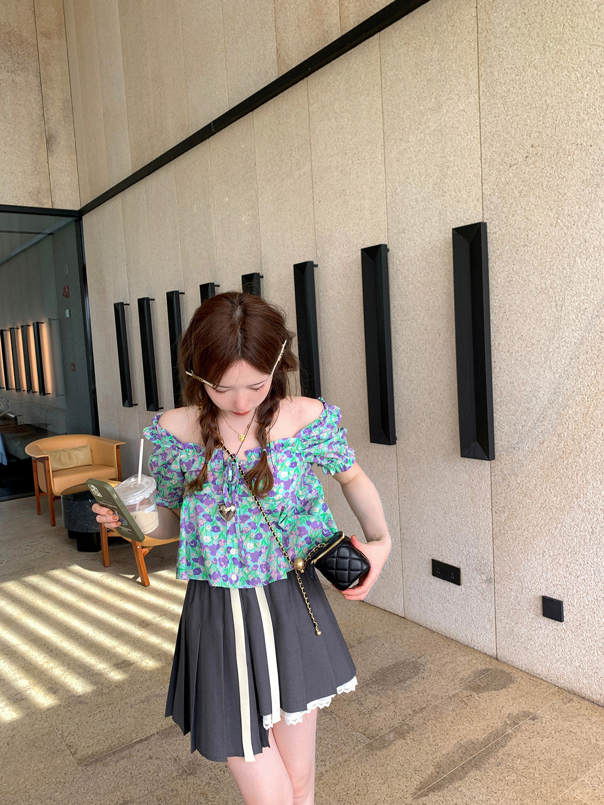 sosocat"南法假日"绑带碎花两穿上衣女灰色不规则百褶裙裤夏